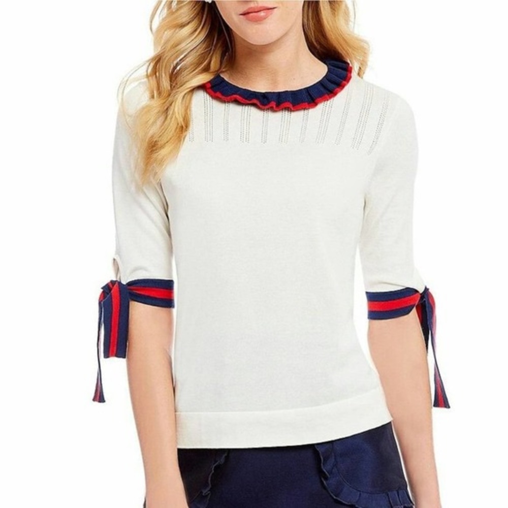Draper James red white blue ruffle neck bow tie sweater L